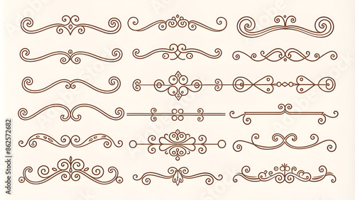 Line dividers. Decorative swirl text separators, vintage divider. Victorian flourishes line calligraphic swirly filigree decoration editable stroke vector set 