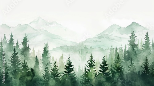 A watercolor illustration of forest trees. A mountain landscape. Pine trees in a woodland setting.