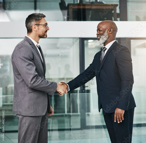 Business people, handshake and introduction in office for agreement, negotiation and hello at law firm. Corporate man, clients or lawyer shaking hands for legal collaboration, consultation or meeting