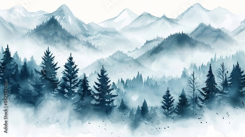A watercolor misty forest hill with evergreen trees in the taiga on a horizontal background
