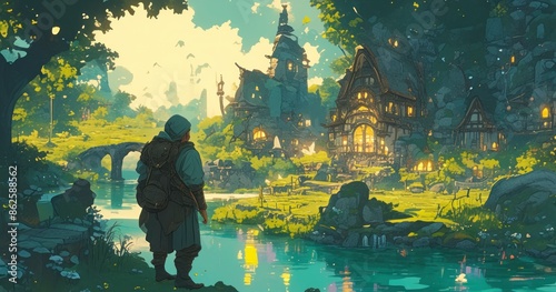 Lo-fi cartoon depicting a charming fantasy journey across mystical river lands.