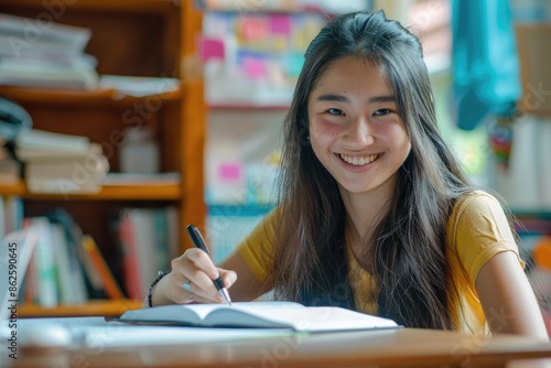 High School Reading. Smiling Asian Teenage Student Doing Homework at Home