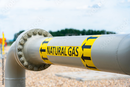 High pressure transport pipe showing natural gas and flow direction