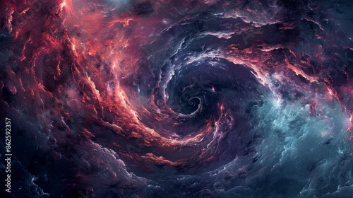 A swirling vortex in dark indigo, black, red, and blue descends ominously into an abyssal void.