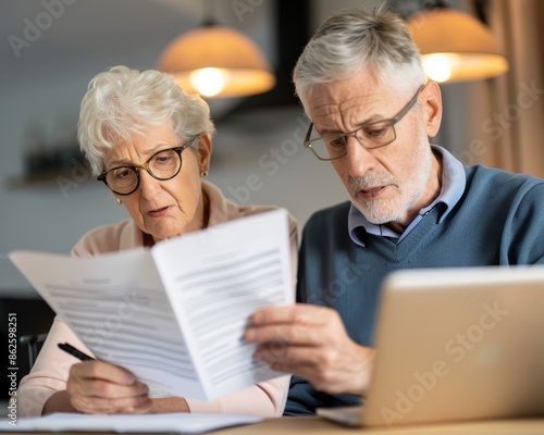 A retired couple reviewing tax regulations and consulting a tax advisor suggesting the importance of understanding tax laws and planning for tax-efficient spending during retirement