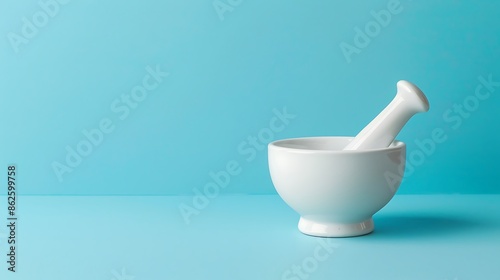 White pharmacy mortar and pestle on the blue background