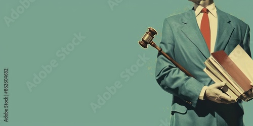 The image shows a man in a suit holding a gavel and a stack of books. He is standing in front of a green background. The image is likely an advertisement for a law firm or a legal service.