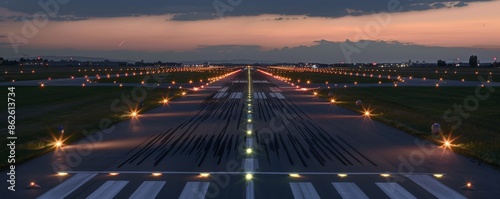 Detailed view of airport runway approach lights at dusk, showcasing precision and safety in aviation