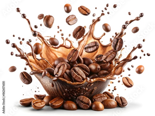 Coffee Splash with Coffee Beans on White Background