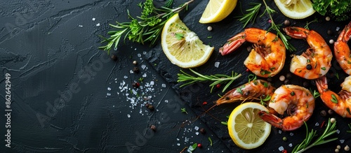 Sauteed shrimps and prawns seasoned with garlic, herbs, and lemon, displayed on a black background with copy space image.
