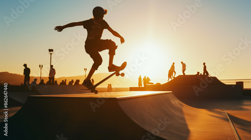 Energetic teen skateboarder performing a trick at a skatepark during sunset hours.