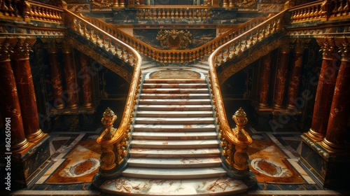 A grand staircase with ornate railings and marble steps leads up to a luxurious palace hall.