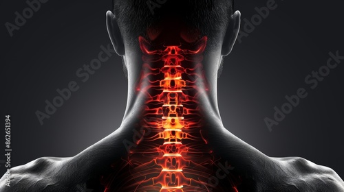 A 3D illustration of a human spine with a glowing red area indicating pain in the neck.