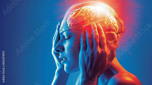 A person with a throbbing headache, holding their head in pain. The image is a stylized representation of a migraine.