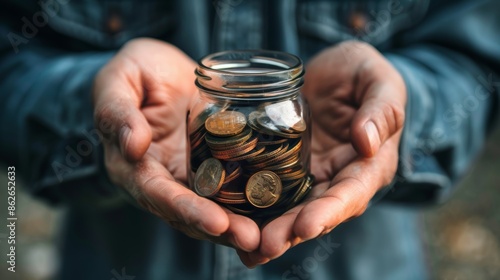 Close-up of hands holding a glass jar filled with coins. The image is a metaphor for saving money, financial security, and wealth.