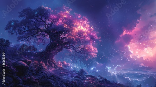 A lone, glowing tree stands tall against a backdrop of a fantastical, purple and pink sky.
