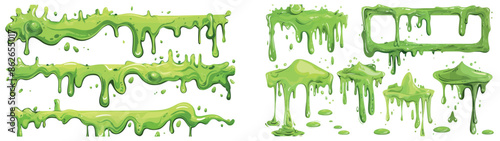 Modern cartoon border set with fluid mucus drops, sticky ooze splatters and green slime flows. Modern cartoon background splattered with fluid green slime flowing.