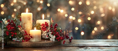 An attractive advent and Christmas floral display with three lit candles on a wooden surface, against a beautifully illuminated backdrop with copy space image.