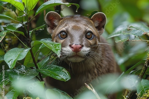 A Madgascar's fossa stalking through the underbrush, its sleek, cat-like body and sharp gaze indicating a skilled predator. 