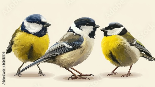 Three birds are standing next to each other, one of which is yellow. The image has a peaceful and calm mood, with the birds looking relaxed and content