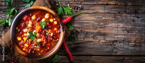 A rustic bowl of tasty chili bean soup on a wooden background with ample copy space image.