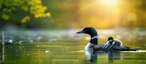 Adult loon caring for its baby chick in a serene lake setting with space for text or graphics. Copy space image. Place for adding text and design