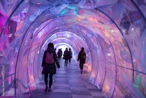 people visitors exploring an immersive art installation tunnel with metallic translucent ephemeral dreamy vibe exhibition at modern museum space