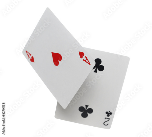 Flying playing card for poker and gambling, ace and deuce card isolated on white, clipping path