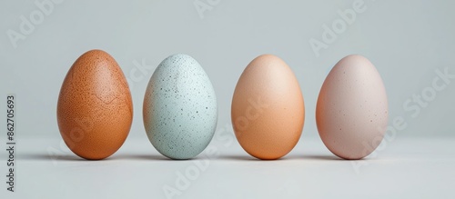 Select the perfect eggs by comparing four different colored chicken eggs with a copy space image for text.