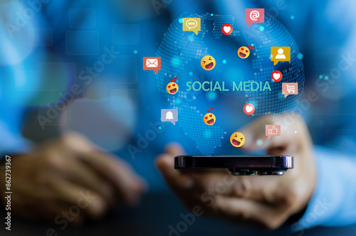 Concept of social media communication and digital online, people use smartphone playing with icon online social media, online marketing, technology, chat, post, like, follow at phone screen