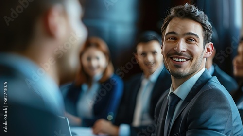 Business professionals in a meeting, smiling and engaged in discussion. Corporate teamwork and collaboration in a modern office setting.