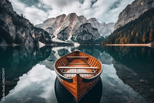 Wooden boat on a serene mountain lake