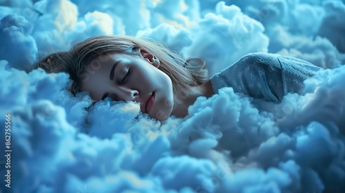 Young woman in peaceful slumber in soft, blue clouds, embodies the essence of tranquil rest and heavenly dreams, suggesting ultimate comfort and rejuvenation that of healthy sleep and wellbeing