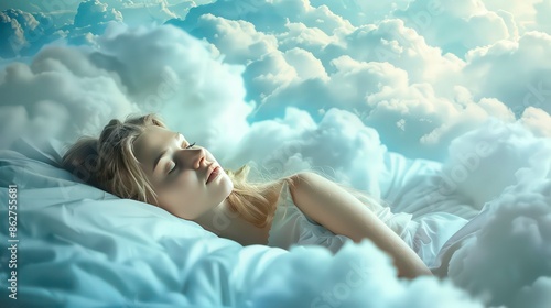 Young woman in peaceful slumber in soft, blue clouds, embodies the essence of tranquil rest and heavenly dreams, suggesting ultimate comfort and rejuvenation that of healthy sleep and wellbeing
