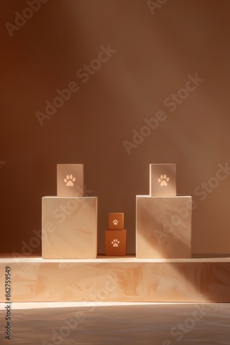 Sophisticated Terracotta Podiums With Cat Motifs Under Soft Lighting for International Cat Day