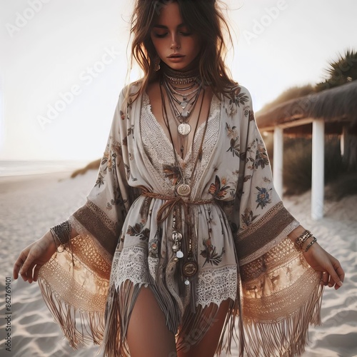  Girl in a boho kimono dress with fringe sandals and layered nec