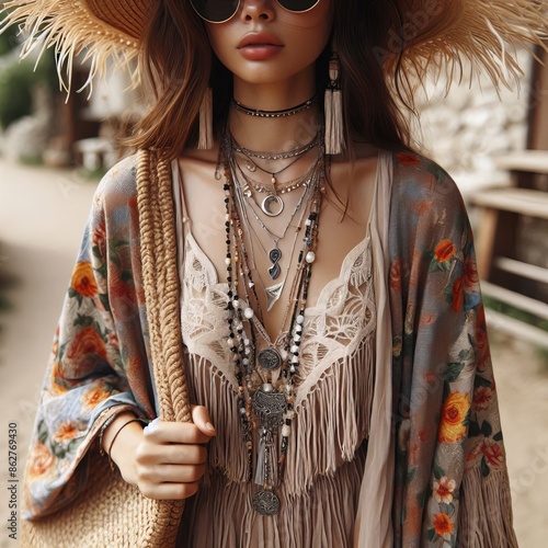  Girl in a boho kimono dress with fringe sandals and layered nec