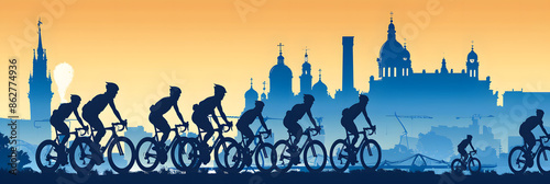 Cycling festival, silhouette of cyclists on the background of Minsk landmarks, cycling race. Vector illustration
