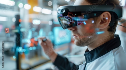 Engineer with augmented reality glasses navigating high-tech factory with holographic data overlays