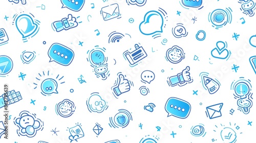 Seamless social media pattern with various blue icons on a white background.