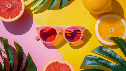 Vibrant summer composition with sunglasses and citrus fruits