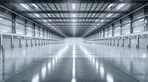 An immaculate smart warehouse with sleek, clean floors and bright lighting. The empty space is organized and optimized for modern storage solutions.