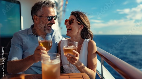 A happy middle-aged couple enjoys drinks on the deck of a cruiser ship, laughing and enjoying the clear day and beautiful ocean views.