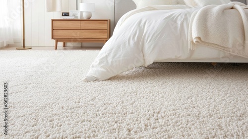 A white shag rug in a modern bedroom with a wooden nightstand