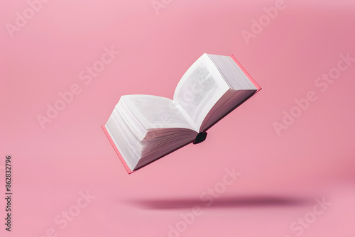 "Floating Hard Cover Book on Pink Background"