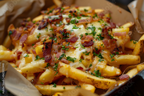 "Loaded French Fries with Cheddar and Bacon"