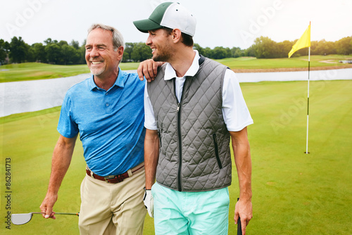 Men, smile and family for golf sport outdoor for fitness challenge, physical activity or support of recreation match. Happy, people and game practice, bonding and competition for country club event