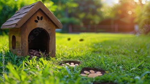 Wooden doghouse with paw prints on grass in sunny backyard