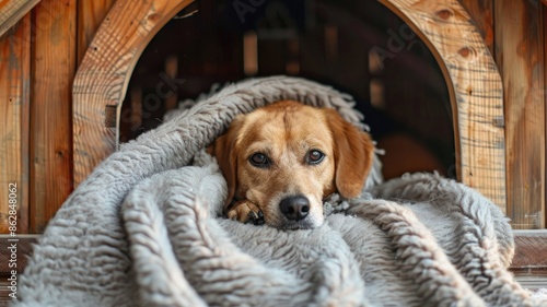 Dog resting in cozy blanket inside wooden doghouse