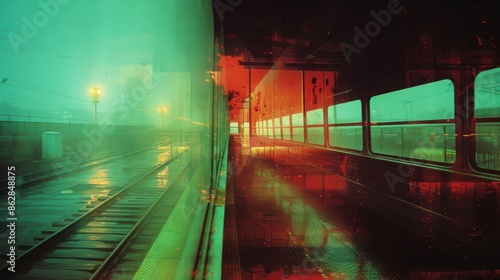 An abstract image of a train station with colorful reflections and lighting, creating a surreal and artistic atmosphere.